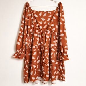 Shein Curve Rust Red Feather Print Smocked Tiered Dress Long Puff Sleeves Boho